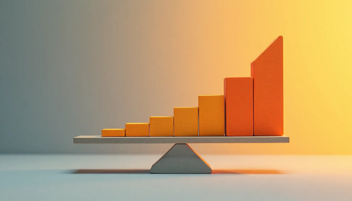 Bar chart with orange and yellow blocks representing growth, balanced on a light gray base, against a gradient background. Ideal for visualizing progress in business or finance.