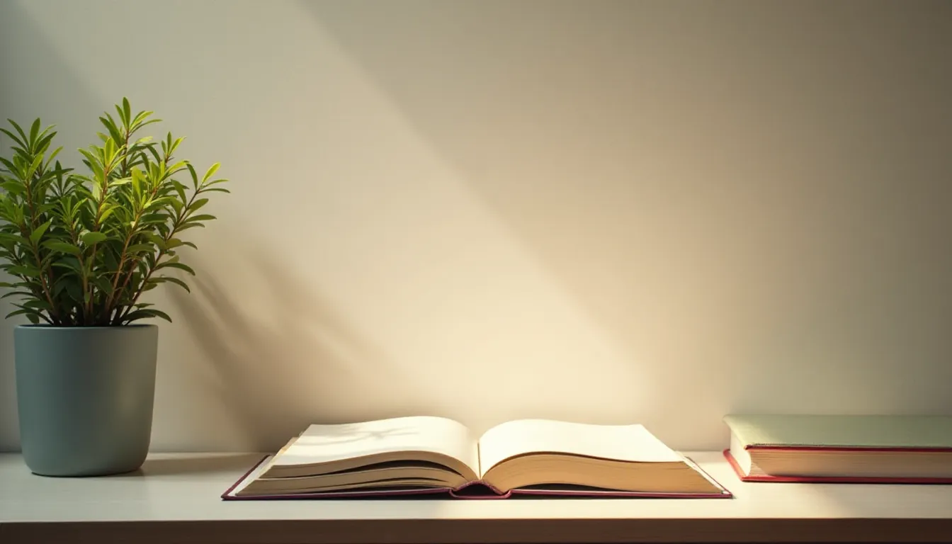 Open book resting on a wooden table next to a closed book and a small potted plant, with soft lighting highlighting the scene. Ideal for promoting reading or a cozy study environment.