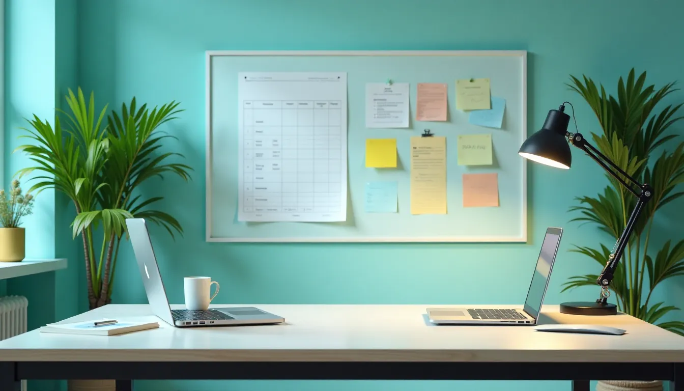 Modern home office setup with dual laptops on a wooden desk, surrounded by vibrant teal walls and indoor plants. A wall-mounted bulletin board features colorful sticky notes and a planner, complemented by a desk lamp providing focused light for productivity.
