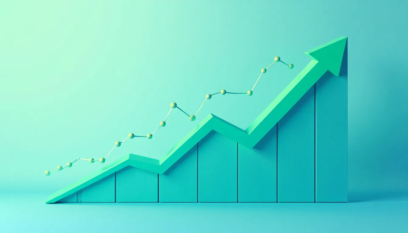 3D financial growth chart with an upward trend, featuring green bars and a line graph, set against a light blue background. This image represents business success and increasing profits.