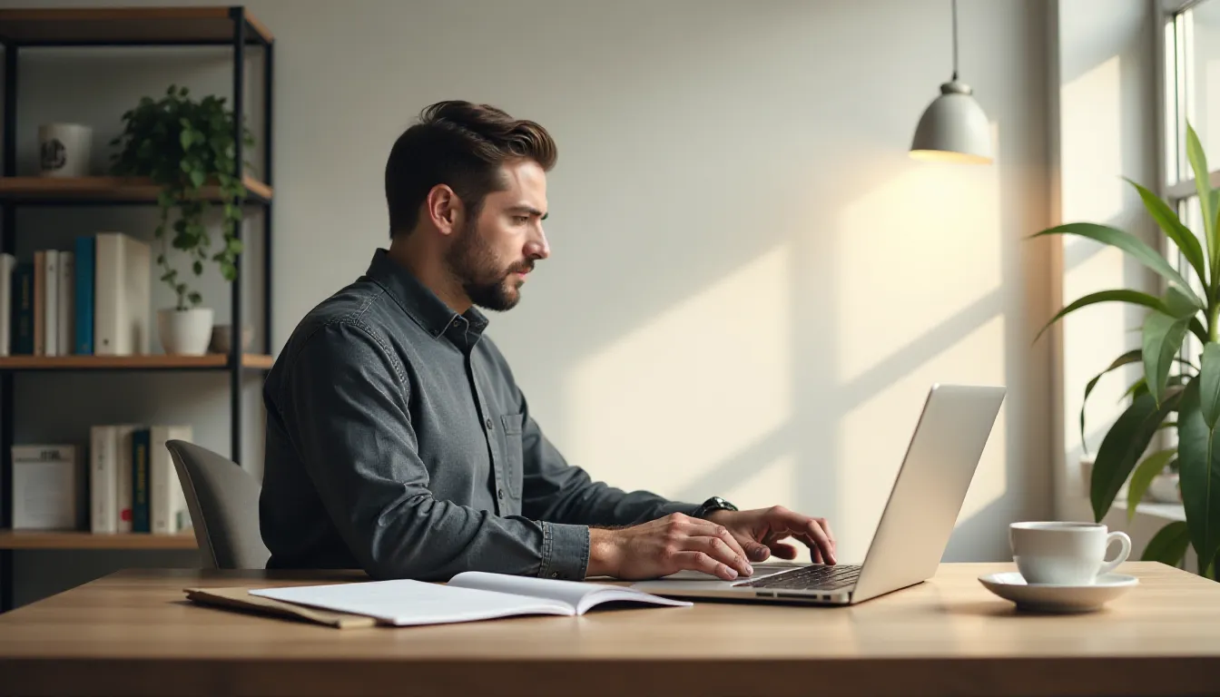 A focused man working on a laptop in a well-lit modern office, with bookshelves and plants in the background, indicating a productive work environment. A notebook and a coffee cup are on the wooden desk, enhancing the workspace atmosphere.