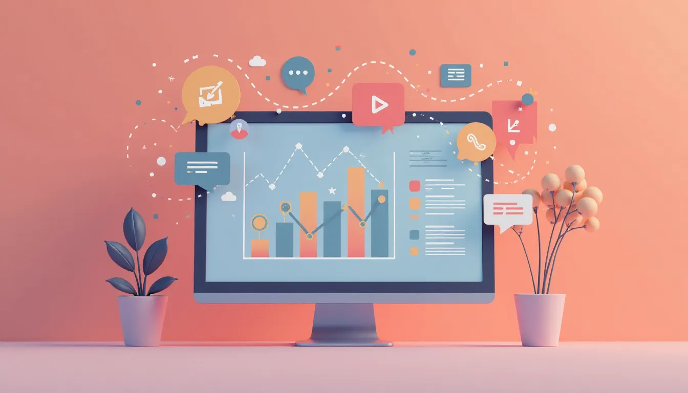 Digital workspace with a computer monitor displaying colorful graphs and analytics, surrounded by various communication icons and potted plants. The image symbolizes data analysis and digital communication in a modern office setting.