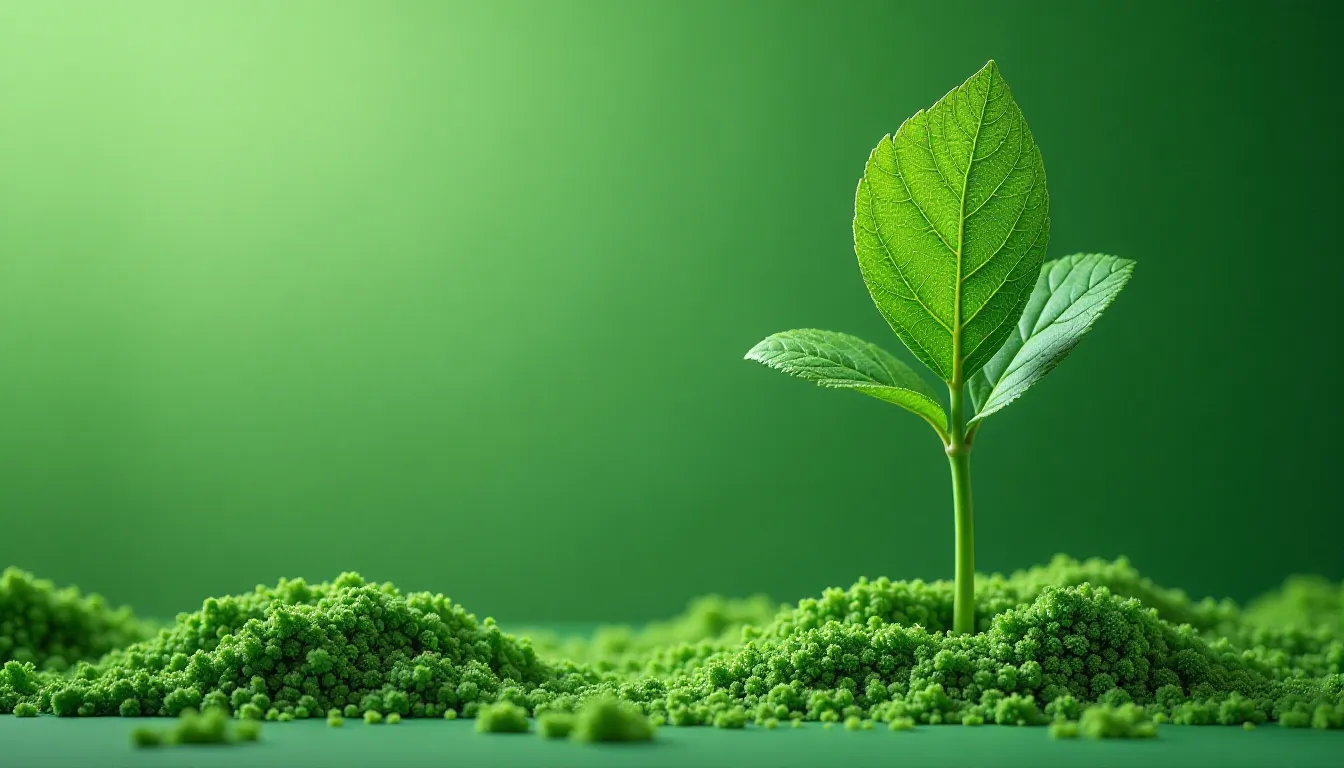 Young green plant growing in vibrant green moss, symbolizing nature, growth, and sustainability.