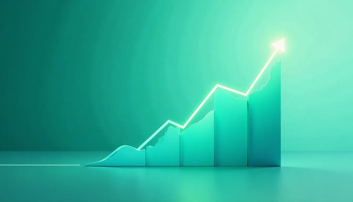 Abstract graphic representation of a rising bar chart with a glowing upward arrow, symbolizing growth, progress, and financial success against a teal background.