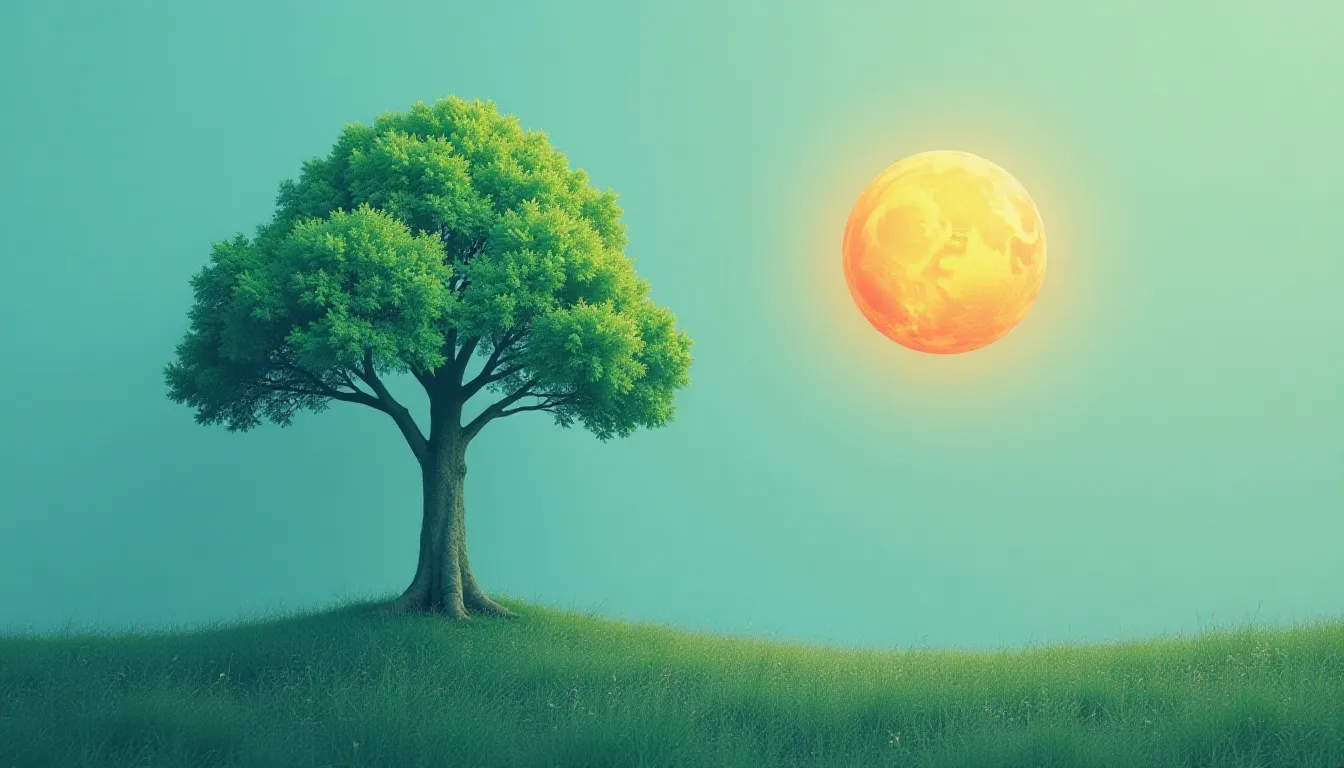 Lush green tree on a gentle hillside under a bright orange sun against a turquoise sky, symbolizing nature and tranquility.