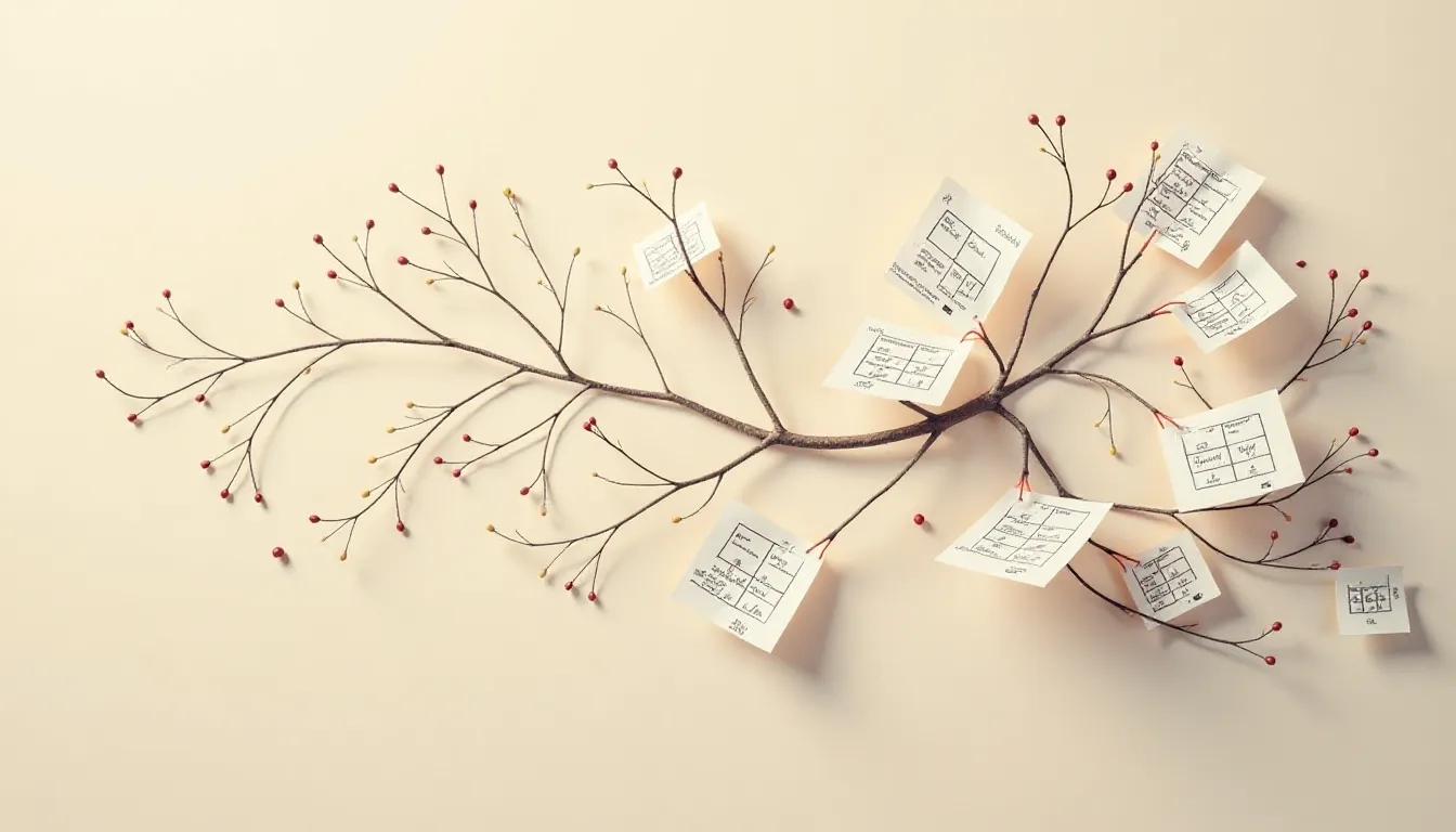 A creative representation of a branch with handwritten notes attached, symbolizing ideas or concepts branching out. The branch features various colored buds, set against a soft beige background, suggesting organization and creativity in brainstorming or project planning.
