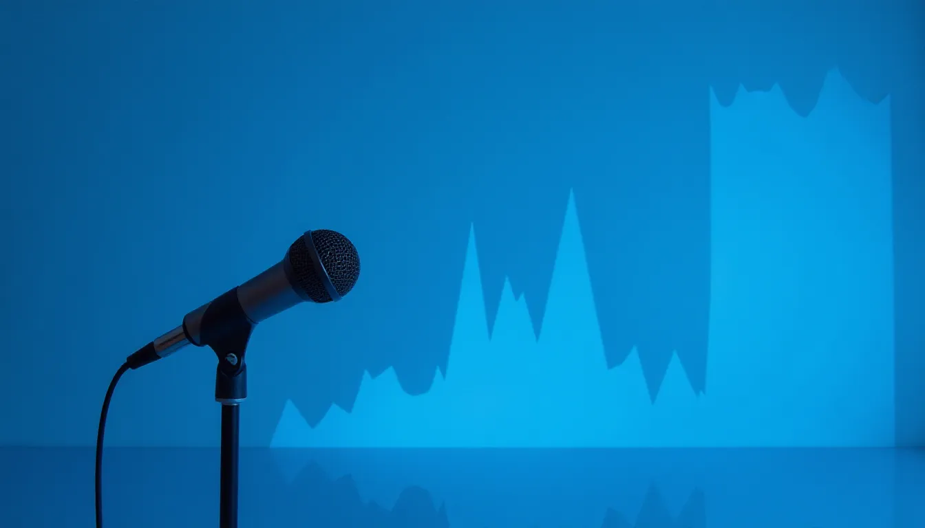 Microphone on a stand with a blue background featuring a sound wave graphic, symbolizing audio production and performance.