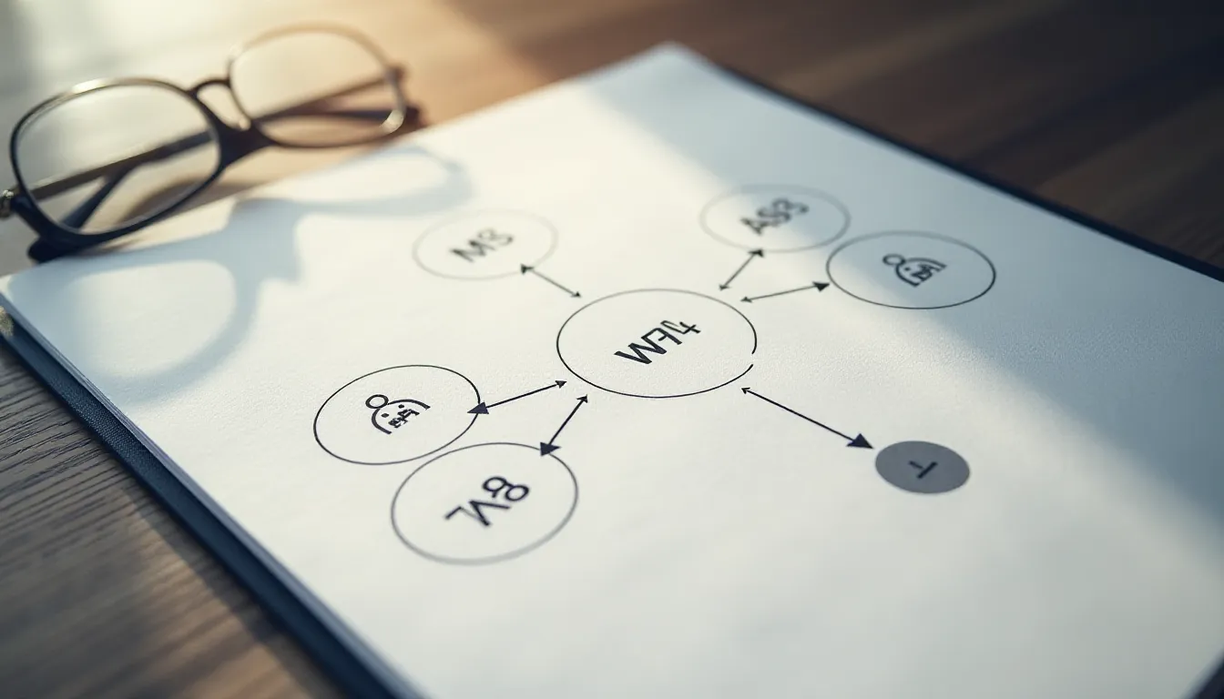 Diagram illustrating a flowchart with the central node labeled "W14," connected to various icons representing users and tasks, with glasses positioned on the page, set against a wooden table background.