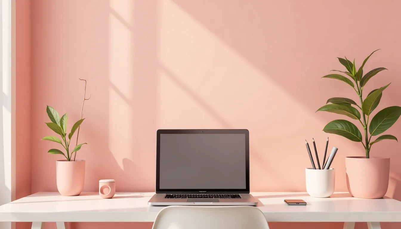 Minimalist home office setup featuring a laptop on a white desk, accompanied by stylish potted plants and stationery. The background showcases a soft pink wall, providing a calming and aesthetic workspace environment. Ideal for remote work or study.